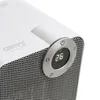 A close-up shot of the control panel and grille of a white heater. Voir les images du produit