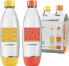 Two Sodastream bottles with fruit-themed designs are displayed in the foreground, with a packaged set of two smaller bottles in the background. Produktbild-Vorschau