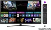 A smart TV displaying its interface and a remote control next to it. Produktbild-Vorschau
