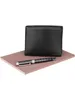 A black leather wallet and a pen are placed on a pink surface against a white background. Produktbild-Vorschau