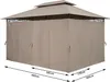 A taupe-colored gazebo with side curtains is shown against a white background. Dimensions are indicated with lines and numbers. Produktbild-Vorschau