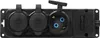 A black power strip with three covered outlets and one exposed outlet, mounted on a black surface with mounting holes. Anteprima dell’immagine prodotto