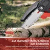 A close-up of a mini chainsaw cutting through a log, with text overlays highlighting its cutting capabilities. Podgląd zdjęcia produktu