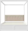 A white canopy bed frame with a beige upholstered headboard, shown from the front. Produktbild-Vorschau