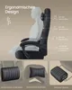 A diagram illustrating the ergonomic design of a gaming chair, with callouts highlighting support for the neck, shoulders, back, and lumbar region. Below are close-up images of the chair's detachable cushions and footrest. Produktbild-Vorschau