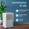 A white dehumidifier is shown next to a potted plant, with marketing text and icons on a blue background. Produktbild-Vorschau