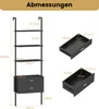 A diagram showing the dimensions of a black ladder shelf unit with two drawers. Podgląd zdjęcia produktu