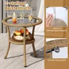 A two-tiered rattan side table with a glass top, displaying drinks and fruit. Inset images show cleaning the glass and suction cups for stability. Podgląd zdjęcia produktu