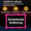 A pink tablet case with text overlays, set against a blurred background of theater seats. Produktbild-Vorschau