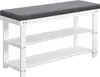 A white bench with a gray cushioned seat and two slatted shelves underneath. Produktbild-Vorschau