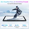 A tablet displaying a skier on a snowy mountain, with feature specifications listed below. Produktbild-Vorschau