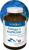 A bottle of Norsan Omega-3 fish oil capsules with a blue, circular background depicting a school of fish. Produktbild-Vorschau