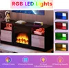 A TV stand with a fireplace and LED lighting, showcasing different color options and features. Podgląd zdjęcia produktu