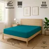 A teal fitted sheet is shown on a wooden bed frame in a bedroom setting. Produktbild-Vorschau