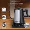 A close-up marketing image of a black electric gooseneck kettle on its base, with cutaway views highlighting its internal features and materials. Produktbild-Vorschau