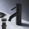 A black faucet and pop-up drain assembly are displayed on a white surface against a gray background. Produktbild-Vorschau