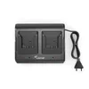 A black dual battery charger with a power cord and plug, shown from a top-down perspective on a white background. Produktbild-Vorschau