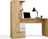 A wooden desk with an attached bookshelf, containing a laptop, lamp, and binders. Voir les images du produit