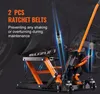 A motorcycle lift with ratchet belts, with text highlighting its features. Produktbild-Vorschau