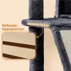 Close-up view of a dark gray cat tree, highlighting its robust particleboard construction with a magnified inset showing layered wood. Text indicates the feature in German. Produktbild-Vorschau