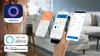 A person's hands holding a smartphone displaying various smart home app interfaces. Icons for Alexa and Google Assistant are present. Podgląd zdjęcia produktu