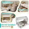 Collage of images showcasing a white bunk bed with stairs, highlighting its features and certifications. Produktbild-Vorschau