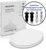 A white toilet seat is shown in the foreground, with a product box and a set of mounting hardware in the background. The box has product information and graphics, and a circular overlay highlights a promotional offer. Produktbild-Vorschau