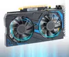 A computer graphics card with two fans, presented against a white background with blue light effects. Produktbild-Vorschau