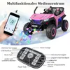A pink ride-on toy car with a smartphone connected via Bluetooth, showing music controls. The car has lights and music notes emanating from it. A control panel with buttons and indicators is also shown. Produktbild-Vorschau