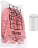A pink quilted coat inside a clear vacuum storage bag, next to a white cylindrical container. Anteprima dell’immagine prodotto