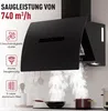 A black range hood is shown in a kitchen setting, with steam rising from a stovetop below. Produktbild-Vorschau