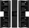 Three tall, narrow black cabinets are displayed side-by-side against a white background. The cabinets on the left and right have multiple shelves and their doors are open, revealing the interior. The central cabinet has a decorative ribbed texture and a re Produktbild-Vorschau