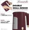 A collage of images showcasing a maroon electric kettle, with close-ups of its features and text descriptions. Produktbild-Vorschau