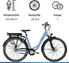 A light blue electric bicycle with informational graphics above it. Produktbild-Vorschau