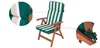 A wooden garden chair with a striped cushion, shown with close-up details of the cushion's construction and ties. Produktbild-Vorschau