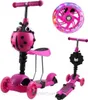 A collage of a pink ladybug-themed 3-in-1 scooter for children, showing different configurations and a close-up of a light-up wheel. Náhľad obrázku produktu