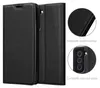 A black flip phone case is shown open, with close-up insets highlighting its craftsmanship and camera cutout. Anteprima dell’immagine prodotto