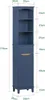A tall, narrow, dark blue cabinet with shelves and a drawer, shown with dimensions marked. Podgląd zdjęcia produktu