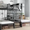 A bedroom scene featuring a multi-level metal bunk bed with a staircase, a suitcase, and a bedside table. The room has white paneled walls and a large window with sheer curtains. Voir les images du produit