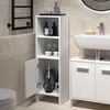 A white bathroom cabinet set with an open door, showing various toiletries and a toilet brush holder. A sink and vanity are visible to the right. Voir les images du produit