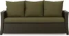 A front view of a brown rattan sofa with green cushions. Produktbild-Vorschau
