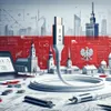 A digital illustration depicting a USB-C cable and adapter in front of a stylized cityscape and the Polish flag. Podgląd zdjęcia produktu