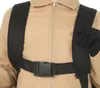 Close-up of a person wearing a beige jacket with black straps and a black glove. Náhled obrázku produktu