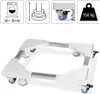 A collage of diagrams and a product image for an adjustable appliance stand with wheels. Voir les images du produit