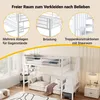 A marketing image showcasing a white metal bunk bed with integrated shelves and a staircase with storage, set in a room with a sofa underneath. Anteprima dell’immagine prodotto