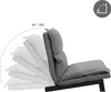 A gray floor chair is shown with multiple reclining positions indicated by a dashed arc and angle measurements. Podgląd zdjęcia produktu