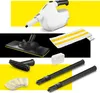 A collage of a Kärcher steam cleaner and its accessories, presented against a split yellow and black background. Voir les images du produit