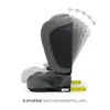 A car seat shown in multiple reclining positions with numbered indicators and text indicating a feature. Produktbild-Vorschau