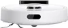 A white robot vacuum cleaner is shown from a low angle, with its brushes visible at the bottom. Produktbild-Vorschau
