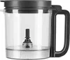A clear plastic food processor bowl with a black lid and handle, and a blade assembly inside. Anteprima dell’immagine prodotto